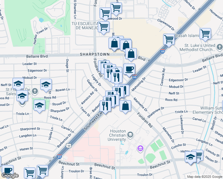 map of restaurants, bars, coffee shops, grocery stores, and more near 7305 Fondren Road in Houston