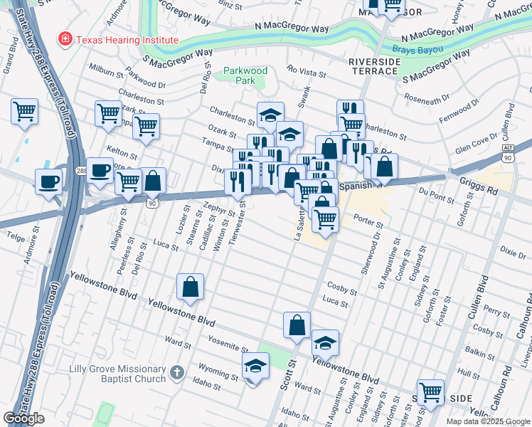 map of restaurants, bars, coffee shops, grocery stores, and more near 3616 Old Spanish Trail in Houston
