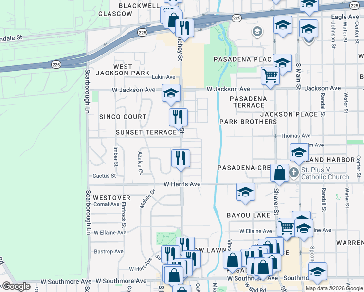 map of restaurants, bars, coffee shops, grocery stores, and more near 704 Richey Street in Pasadena
