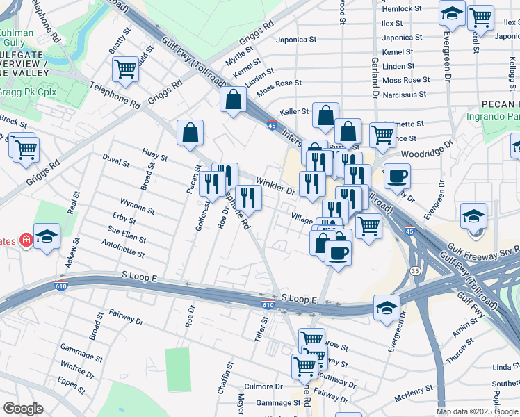 map of restaurants, bars, coffee shops, grocery stores, and more near 2922 Plum Creek Lane in Houston