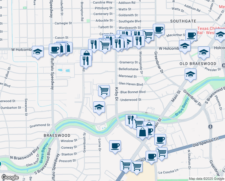 map of restaurants, bars, coffee shops, grocery stores, and more near 2728 East Glen Haven Boulevard in Houston