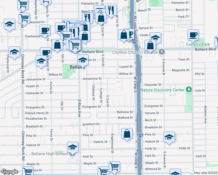 map of restaurants, bars, coffee shops, grocery stores, and more near 4810 Florence Street in Bellaire
