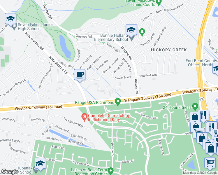 map of restaurants, bars, coffee shops, grocery stores, and more near 23600 Farm to Market 1093 in Richmond