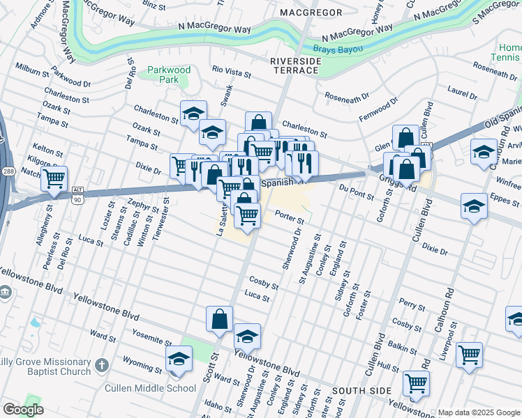 map of restaurants, bars, coffee shops, grocery stores, and more near 6045 Scott Street in Houston