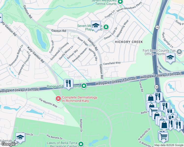 map of restaurants, bars, coffee shops, grocery stores, and more near 23702 Farm to Market 1093 in Richmond