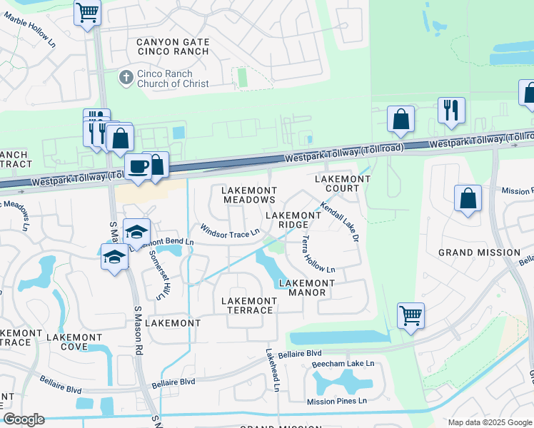 map of restaurants, bars, coffee shops, grocery stores, and more near 20011 Terry Springs Court in Richmond