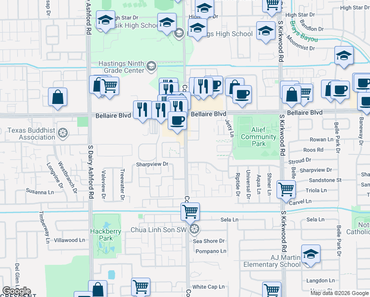 map of restaurants, bars, coffee shops, grocery stores, and more near 7000 Cook Road in Houston