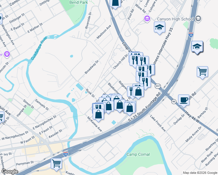 map of restaurants, bars, coffee shops, grocery stores, and more near 923 Porter Street in New Braunfels