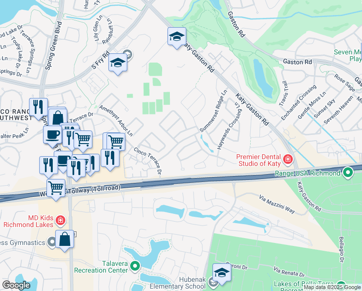 map of restaurants, bars, coffee shops, grocery stores, and more near 24538 Carlton Springs Lane in Katy
