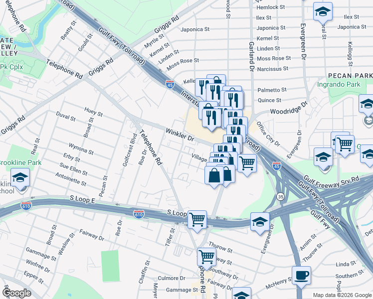 map of restaurants, bars, coffee shops, grocery stores, and more near 7011 Village Way in Houston