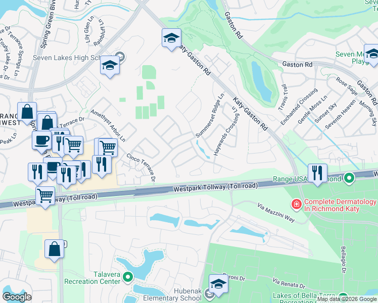 map of restaurants, bars, coffee shops, grocery stores, and more near 24502 Carlton Springs Lane in Katy