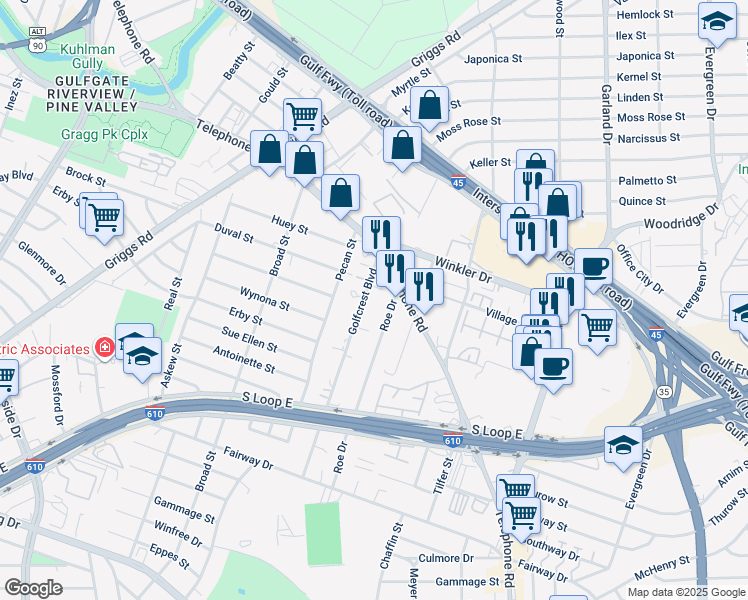 map of restaurants, bars, coffee shops, grocery stores, and more near 4320 Telephone Road in Houston