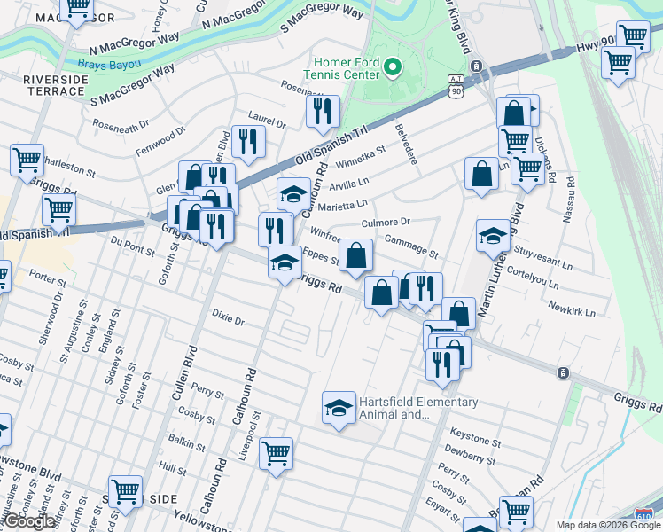map of restaurants, bars, coffee shops, grocery stores, and more near 4807 Eppes Street in Houston
