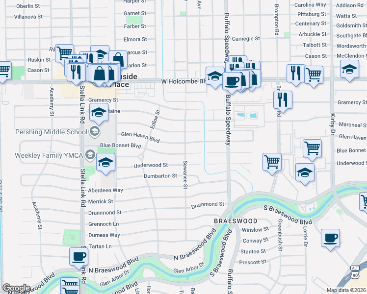 map of restaurants, bars, coffee shops, grocery stores, and more near 3606 Glen Haven Boulevard in Houston