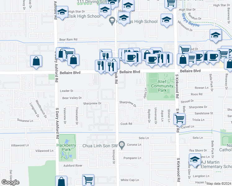 map of restaurants, bars, coffee shops, grocery stores, and more near 7000 Cook Road in Houston