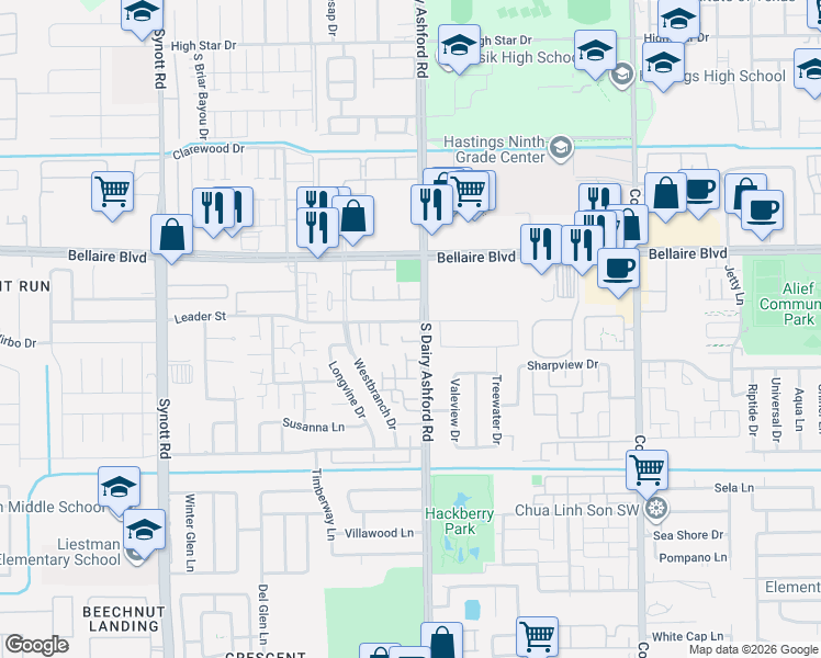map of restaurants, bars, coffee shops, grocery stores, and more near 12708 Leader Street in Houston