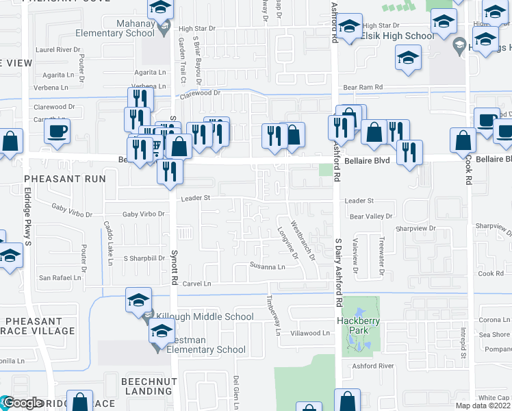 map of restaurants, bars, coffee shops, grocery stores, and more near 13000 Leader Street in Houston