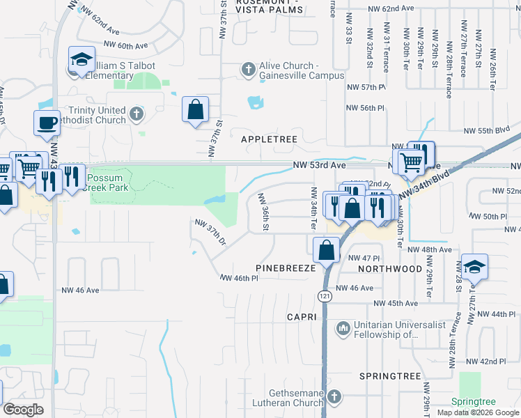 map of restaurants, bars, coffee shops, grocery stores, and more near 3536 Northwest 51st Avenue in Gainesville