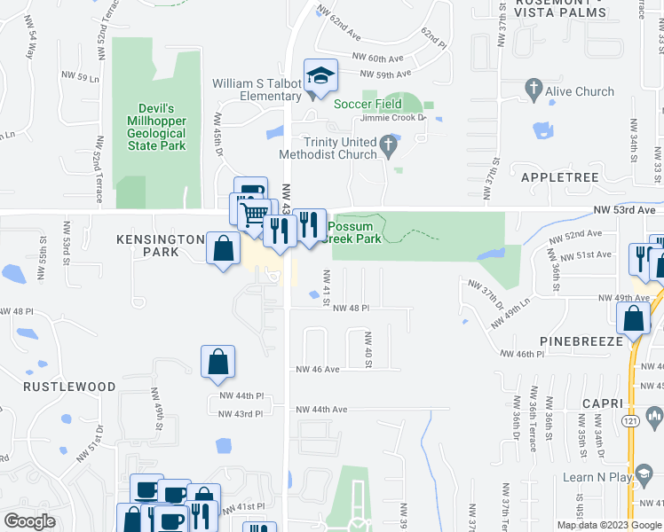 map of restaurants, bars, coffee shops, grocery stores, and more near 5015 Northwest 41 Street in Gainesville