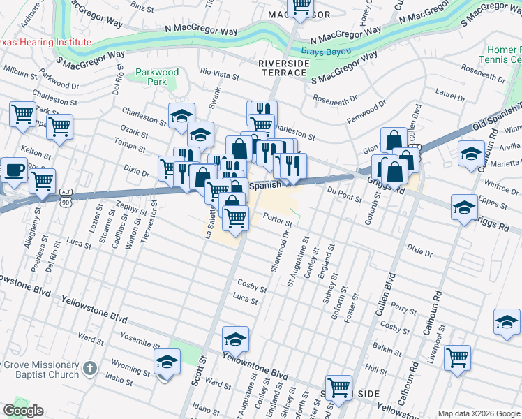map of restaurants, bars, coffee shops, grocery stores, and more near 5915 Scottcrest Drive in Houston