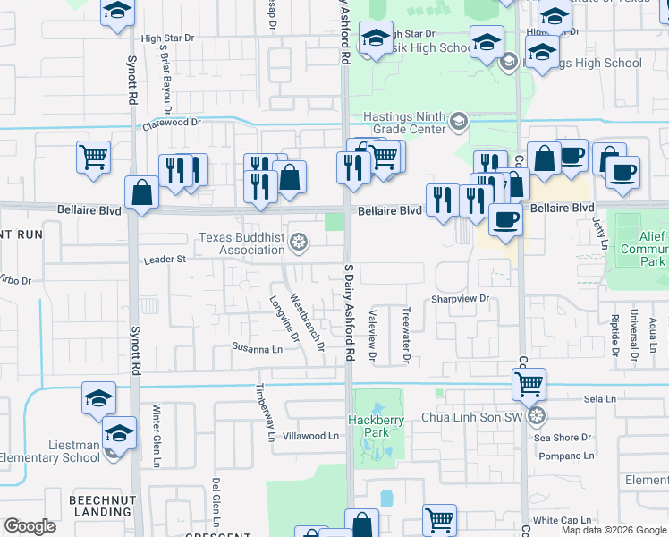 map of restaurants, bars, coffee shops, grocery stores, and more near 12708 Leader Street in Houston
