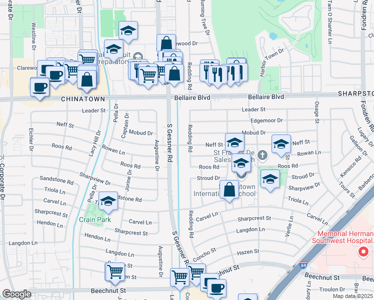 map of restaurants, bars, coffee shops, grocery stores, and more near 7206 Redding Road in Houston