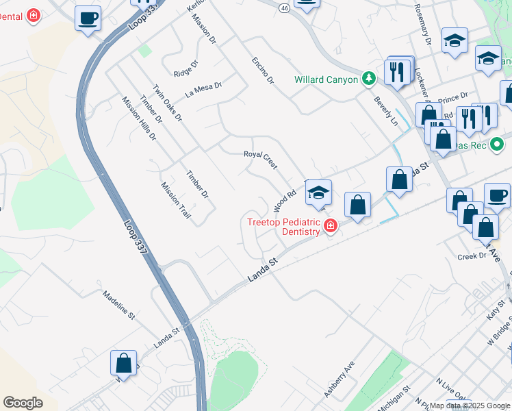map of restaurants, bars, coffee shops, grocery stores, and more near 738 Mission Heights in New Braunfels