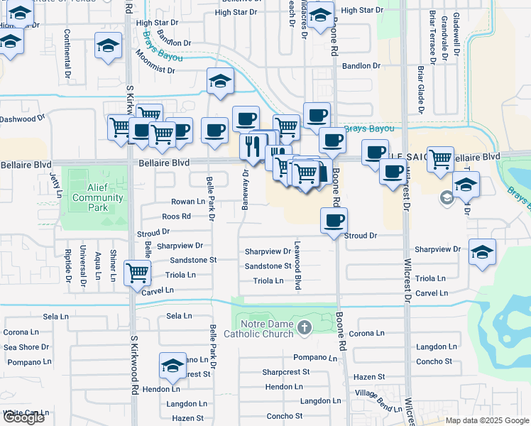 map of restaurants, bars, coffee shops, grocery stores, and more near 7035 Baneway Drive in Houston