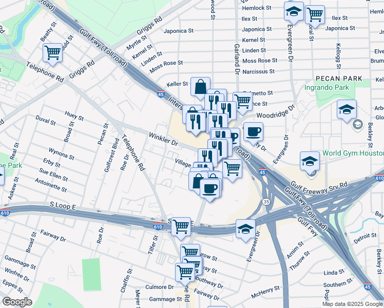 map of restaurants, bars, coffee shops, grocery stores, and more near 351-369 Winkler Drive in Houston