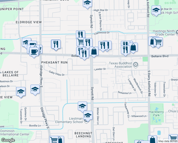 map of restaurants, bars, coffee shops, grocery stores, and more near 13174 Leader Street in Houston