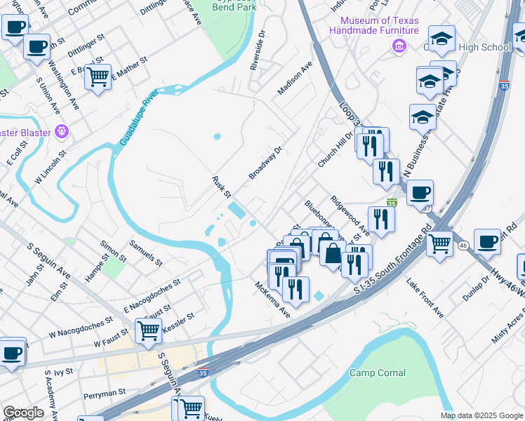 map of restaurants, bars, coffee shops, grocery stores, and more near 914 Crystal Brook Cove in New Braunfels