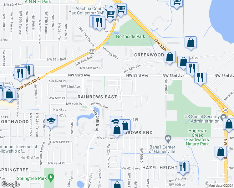map of restaurants, bars, coffee shops, grocery stores, and more near 5069 Northwest 22nd Street in Gainesville