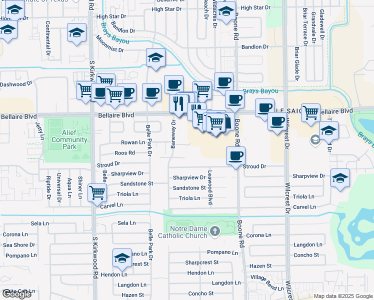 map of restaurants, bars, coffee shops, grocery stores, and more near 7035 Baneway Drive in Houston