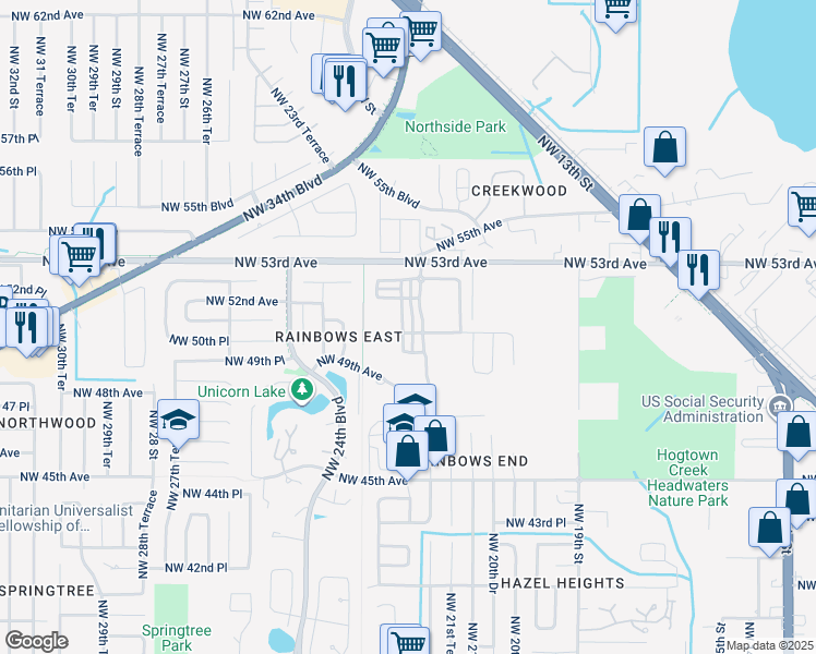 map of restaurants, bars, coffee shops, grocery stores, and more near 5114 Northwest 22nd Court in Gainesville