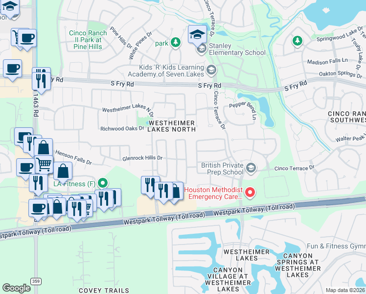 map of restaurants, bars, coffee shops, grocery stores, and more near 6322 Applewood Forest Drive in Katy