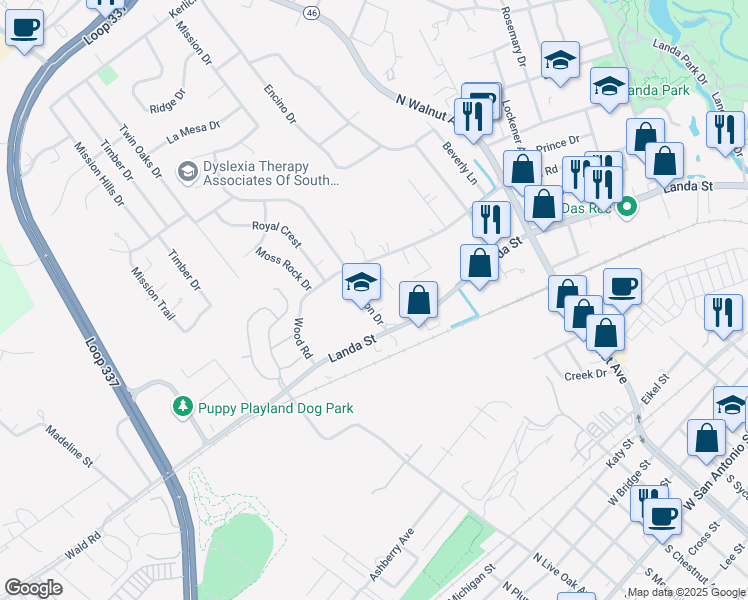 map of restaurants, bars, coffee shops, grocery stores, and more near 1004 Mission Drive in New Braunfels