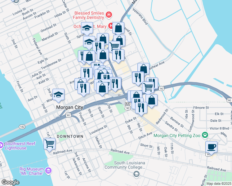 map of restaurants, bars, coffee shops, grocery stores, and more near 1005 Greenwood Street in Morgan City
