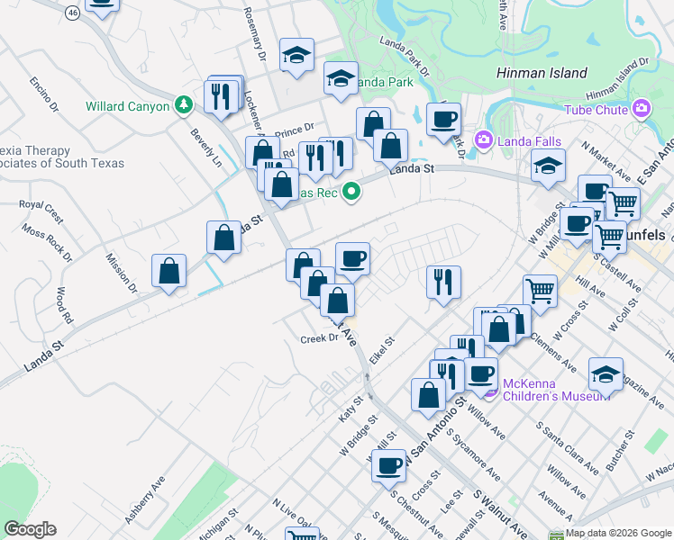 map of restaurants, bars, coffee shops, grocery stores, and more near 1144 Hauptstrasse in New Braunfels