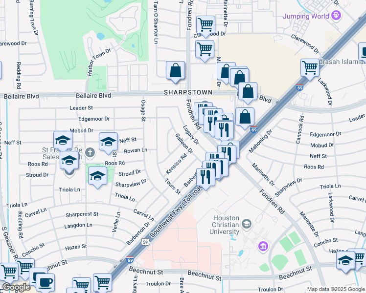 map of restaurants, bars, coffee shops, grocery stores, and more near 7203 Galleon Drive in Houston