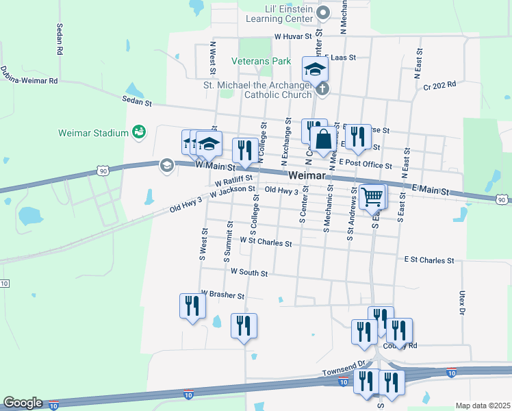 map of restaurants, bars, coffee shops, grocery stores, and more near West Market Street in Weimar