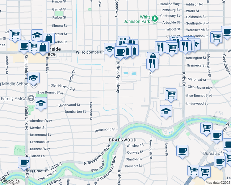 map of restaurants, bars, coffee shops, grocery stores, and more near 3122 Maroneal Street in Houston