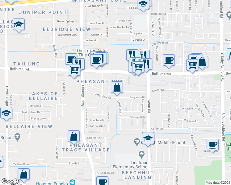 map of restaurants, bars, coffee shops, grocery stores, and more near 13350 Avonshire Drive in Houston
