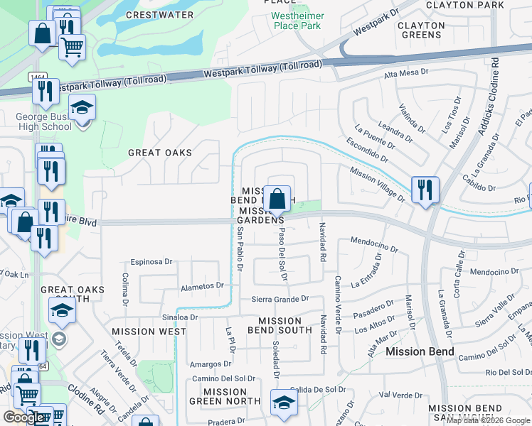 map of restaurants, bars, coffee shops, grocery stores, and more near 6918 Soledad Drive in Houston