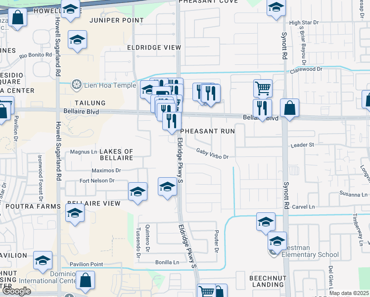 map of restaurants, bars, coffee shops, grocery stores, and more near 13555 Gaby Virbo Drive in Houston
