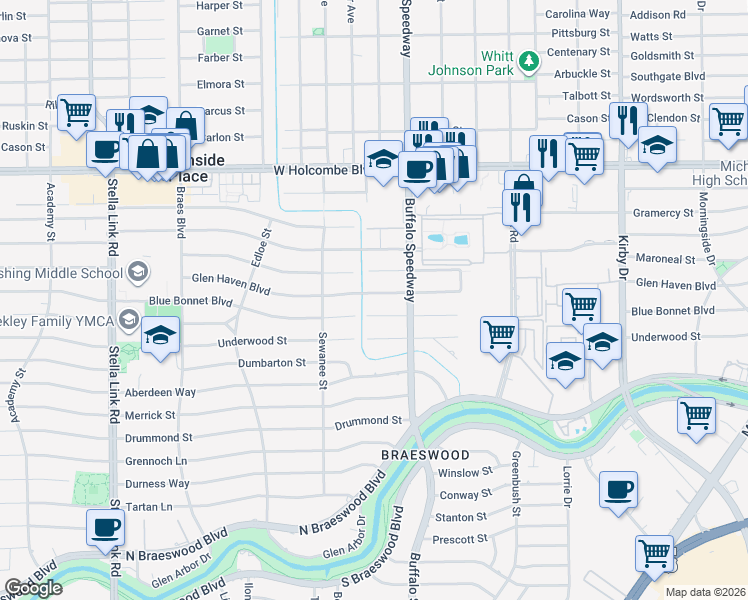map of restaurants, bars, coffee shops, grocery stores, and more near 3302 Glen Haven Boulevard in Houston