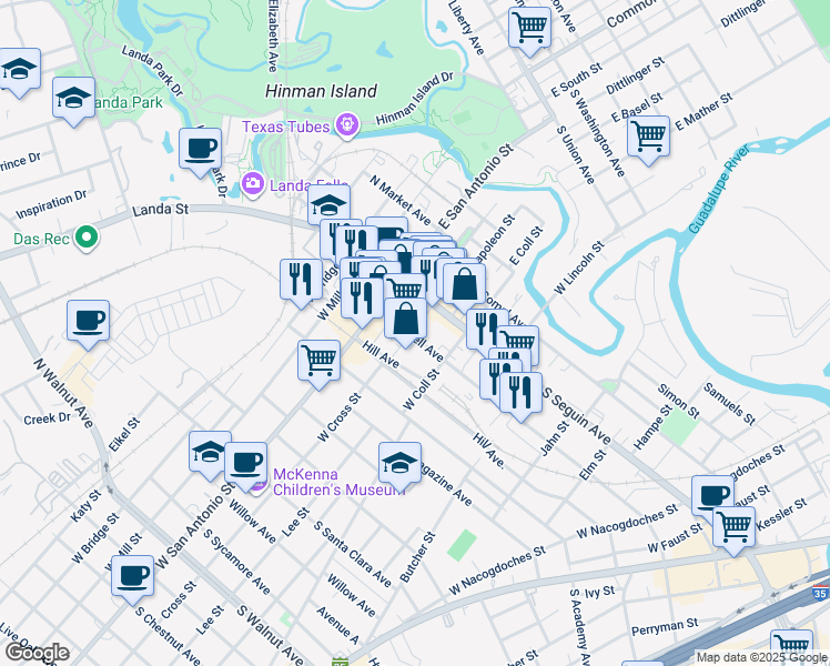 map of restaurants, bars, coffee shops, grocery stores, and more near 205 S Castell Ave in New Braunfels