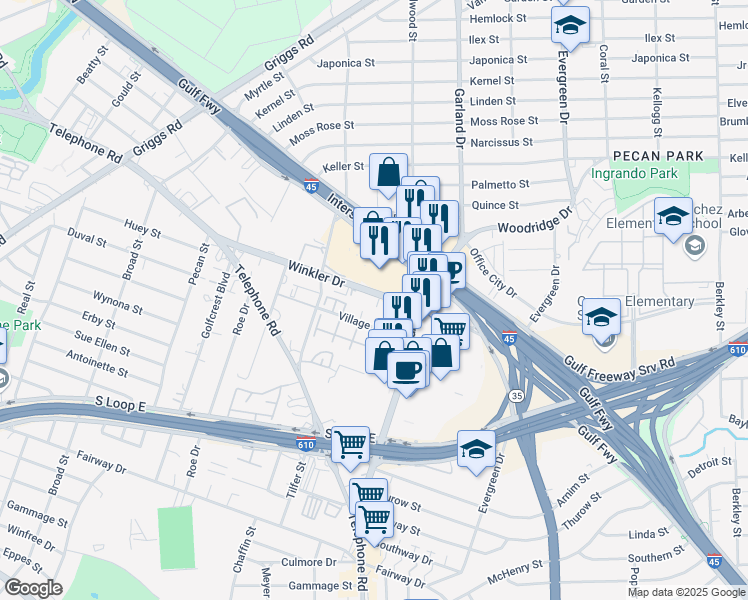 map of restaurants, bars, coffee shops, grocery stores, and more near 351 Winkler Drive in Houston