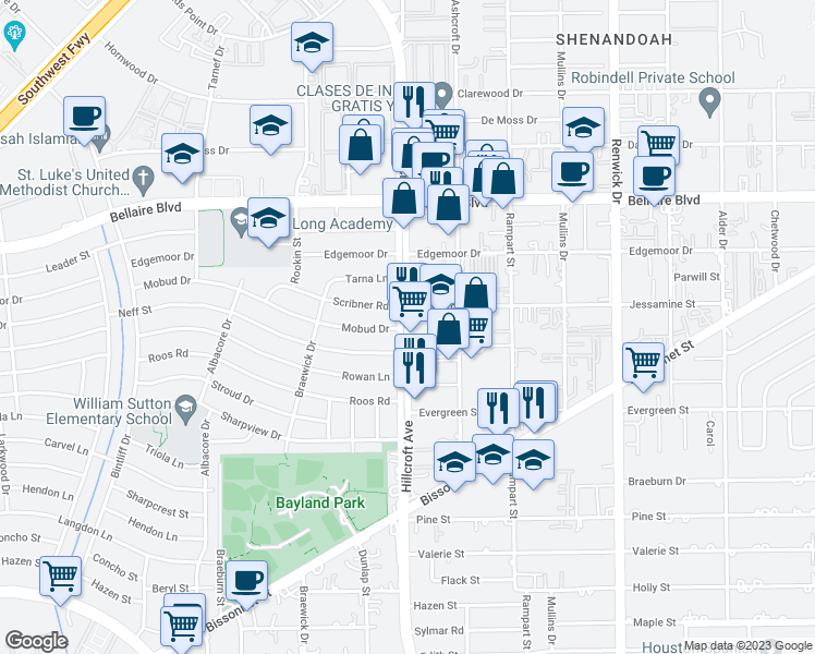 map of restaurants, bars, coffee shops, grocery stores, and more near 7241 Hillcroft Street in Houston
