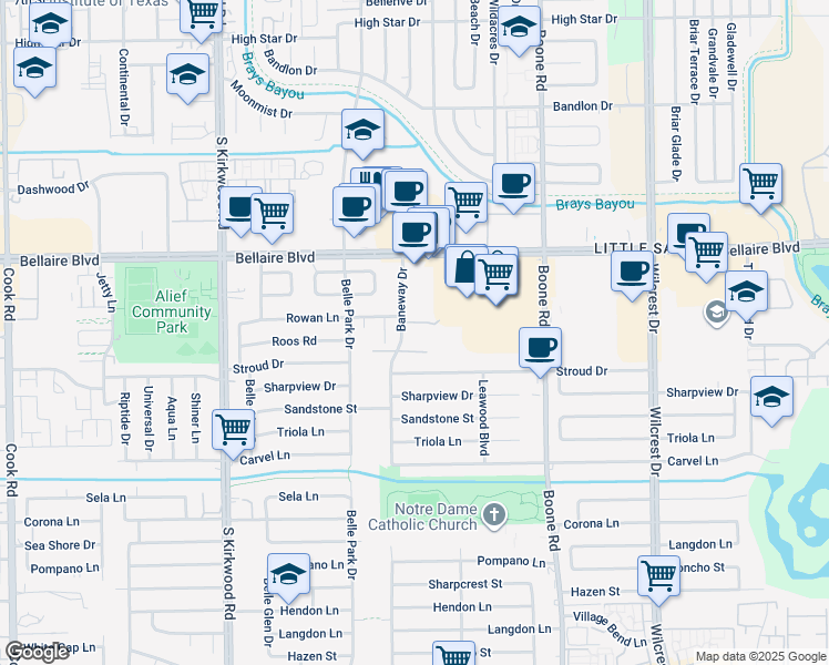 map of restaurants, bars, coffee shops, grocery stores, and more near 7035 Baneway Drive in Houston