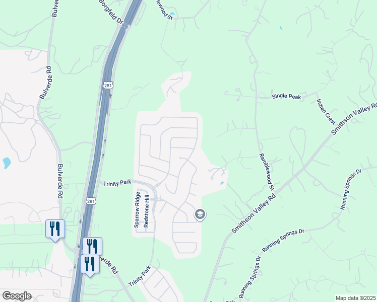map of restaurants, bars, coffee shops, grocery stores, and more near 2734 Trinity Ridge in San Antonio
